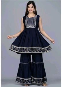 Elegant Navy Blue Embroidered Sharara Set