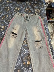 Distressed Jeans with Pink Stripe
