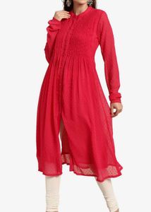 Pink Poly Chiffon Self Design Frontslit Kurta