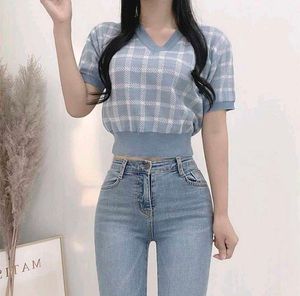 Blue Plaid Knit Top