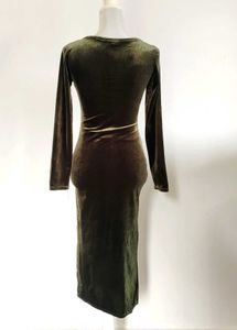 Olive Green Velvet Midi Dress