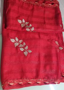 Red Saree With Golden Zari Work