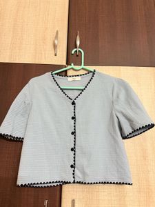 Blue Trimmed Button-Up Top