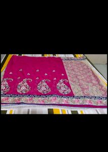 Pink Net+Chiffon Sari With Blouse
