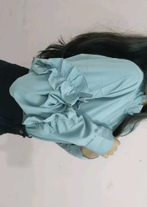 Blue Ruffled Long Sleeve Blouse