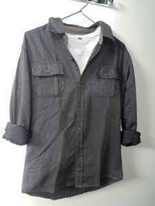 Gray Long Sleeve-Down Shirt with a white t