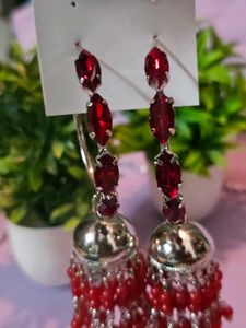 Red Silver Jhumka Earrings