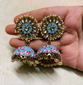 Blue Kundan Jhumka Earrings