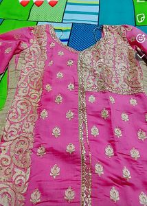 Pink Golden A line Side Cut Party Wear Kurta
