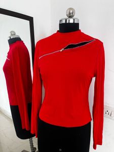 Red Long Sleeve Zipper Top