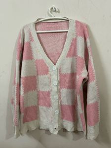Pink Checkerboard Knit Cardigan
