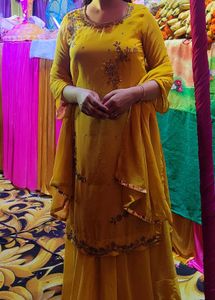 designer yellow suit set kurti flared skirt