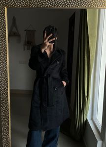 BLACK FAUX-FUR WOOL LONG COAT
