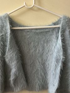 Blue Crop Jacket Oversized - Wool Fuzzy