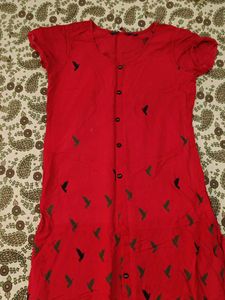 Red Bird Print Button-Down Dress