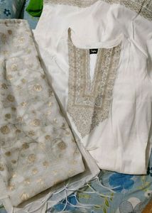Off White Suit Set With Golden Slik Dupatta