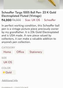 Vintage Scheaffer Ball Pen 23k Gold Electroplated