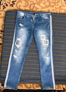 Distressed Jeans with Side Stripe