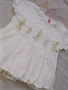White Embroidered Top With Green Printed Skirt