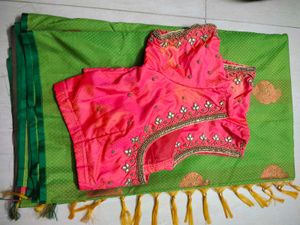 Green saree with pink blouse
