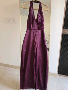 ZARA Halterneck Satin Jumpsuit - Brinjal Color