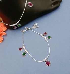 Silver Plated Anklet with Red &amp; Green Stones