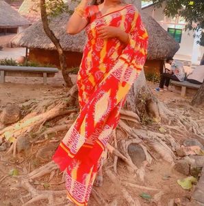 Red &amp; Yellow Block Print Saree