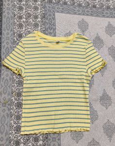 Uniqlo Women Yellow Ribbed Striped Crop Top