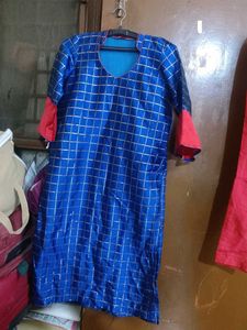 Blue & Silver Grid Pattern Kurti Pant Set