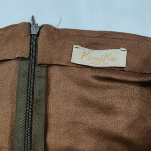 Tan Brown Psuede Skirt With Fringes