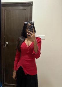 Red Ribbed Long Sleeve Top