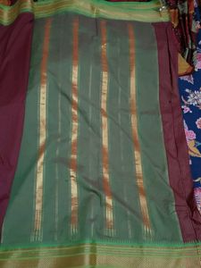 Striking Maroon Saree with Bold StripedGreen Pallu