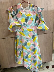 Tropical Print Cold-Shoulder Dress with Ruffle Sle