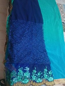 Elegant Teal Saree  Floral Details with stic