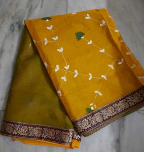Beautiful Hand Painted Yellow & Olive Green Sari