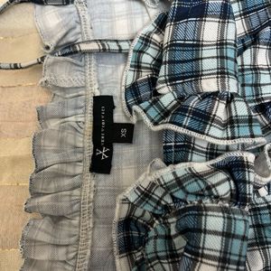 Navy Blue And Off White Checked Ruffles Crop Top