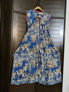 Women Blue Yellow Printed Kurta With Jacket