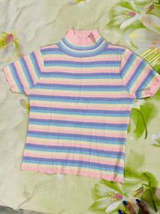 Cute High Neck Pastel Striped Top