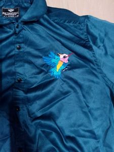 Teal Bird Embroidered Shirt