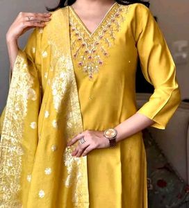 New Mustard Yellow Chanderi Cotton Kurti