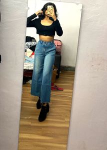 High Waisted Washed Effect Blue Jeans
