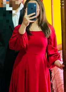 Red Maxi Dress with Puff Sleeves