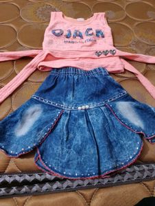 Girls Pink Top & Denim Skirt Set