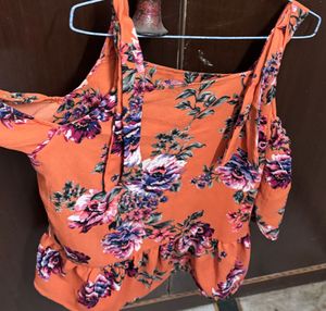 Floral Orange Cold Shoulder Top