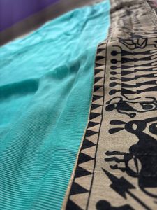 Teal Green with Ethnic Print Border Saree
