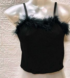Black Fur Crop Spaghetti Top