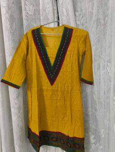 Mustard Yellow Cotton Kurta Set with Green Bottom