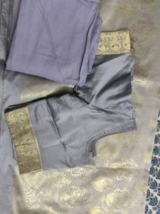 Gray Silk Blend Saree with Gold Accents