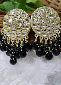 Golden Kundan With Black Beads Earrings.