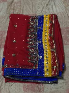 Elegant Red & Blue Embellished Sari